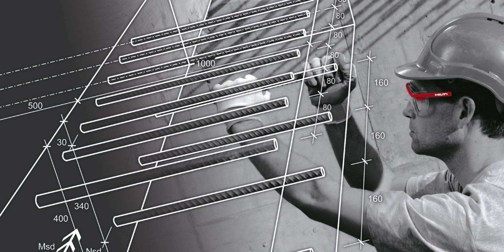 A construciotn worker fitting rebar in black and white