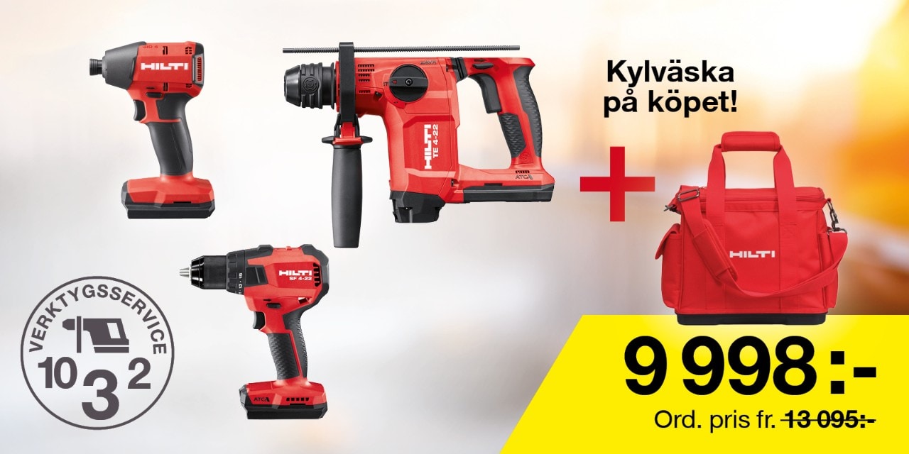 Tre borrmaskiner och kylväska