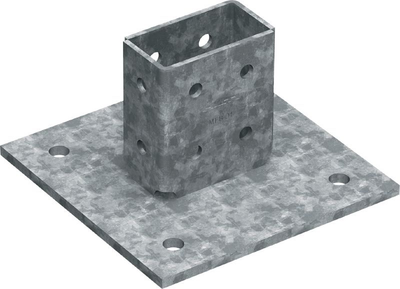 MT-B-O4 OC 3D-belastning grundplatta Förbindelsegrundplatta för infästning av strävskenskonstruktioner vid 3D-belastning mot betong och stål, för utomhusbruk med låg förorening