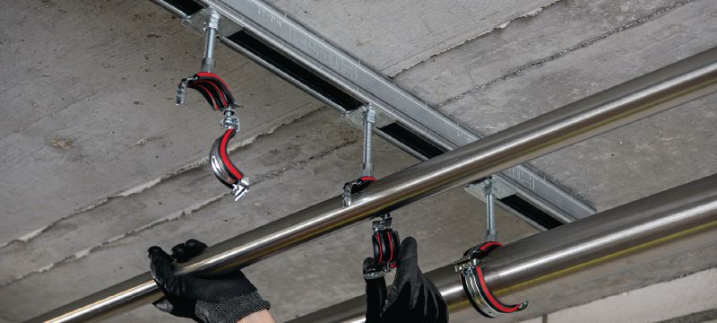 MP-U-I Rörklämma med snabblås (akustisk) Förstklassig förzinkad rörklämma med snabblås för maximal produktivitet i medeltunga tillämpningar Användningsområden 1