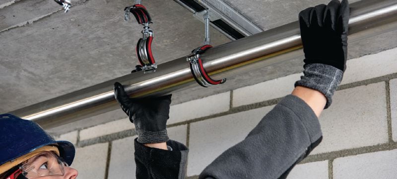 MP-U-I Rörklämma med snabblås (akustisk) Förstklassig förzinkad rörklämma med snabblås för maximal produktivitet i medeltunga tillämpningar Användningsområden 1